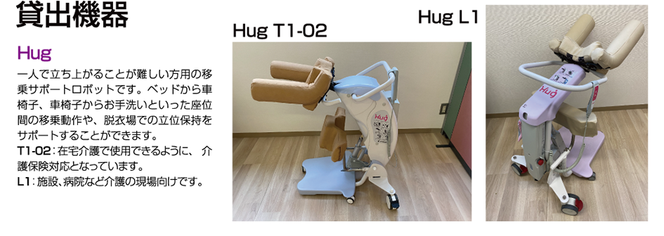 Hug：一人で立ち上がることが難しい方用の移乗サポートロボットです。ベッドから車椅子、車椅子からお手洗いといった座位間の移乗動作や、脱衣場での立位保持をサポートすることができます。
T1-02：在宅介護で使用できるように、 介護保険対応となっています。
L1：施設、病院など介護の現場向けです。
